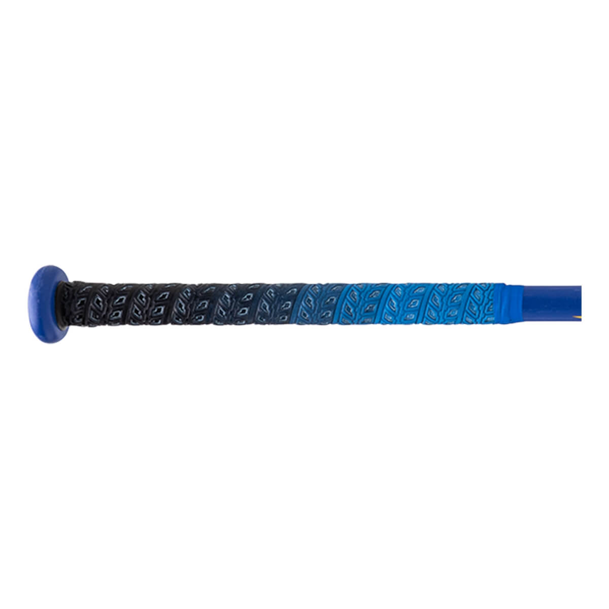 Side view of a softball bat handle with a blue knob and a textured black to blue gradient grip.