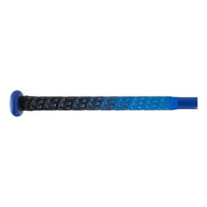 Side view of a softball bat handle with a blue knob and a textured black to blue gradient grip.
