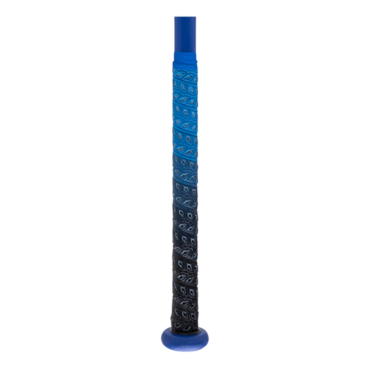 Close-up of a blue and black gradient softball bat handle with a textured grip and blue knob.
