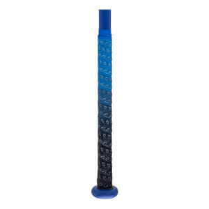 Close-up of a blue and black gradient softball bat handle with a textured grip and blue knob.