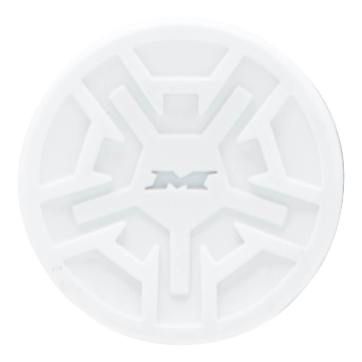 Top-down view of a white bat end cap with a raised geometric pattern and a silver M logo.