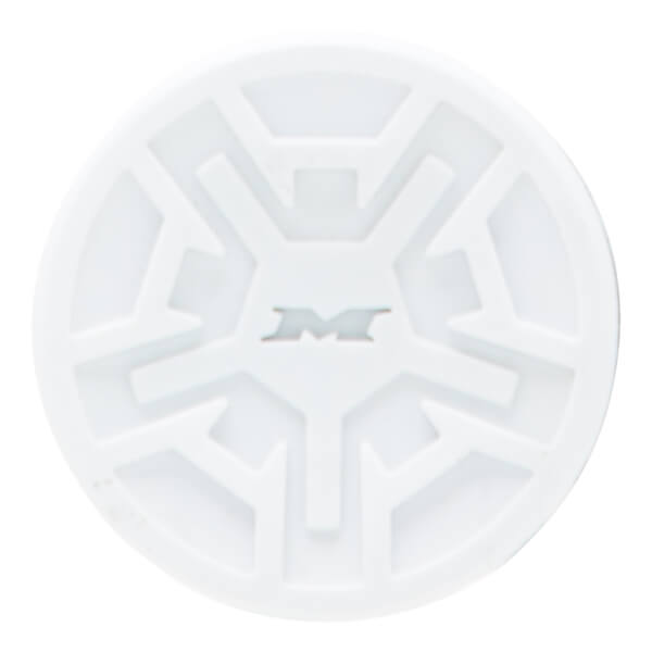 Top-down view of a white bat end cap with a raised geometric pattern and a silver M logo.