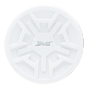 Top-down view of a white bat end cap with a raised geometric pattern and a silver M logo.