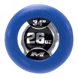 End cap view of a blue softball bat with a circular black and silver insert showing 34, 26oz, and an M logo.