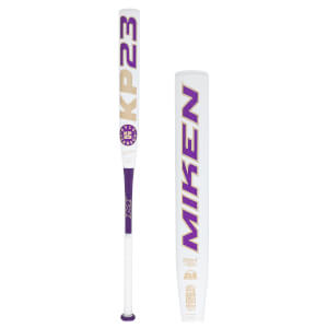 Front view of a white Miken baseball bat with purple and gold "KP23" and "MIKEN" lettering.