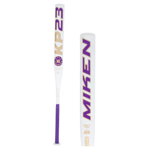 Side view of a white baseball bat with purple and gold "KP23" and "MIKEN" text, and a purple grip.