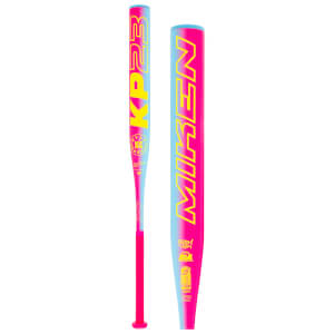 Front view of Miken KP23 bat; bold yellow "MIKEN" and "KP23" text; pink and blue gradient.