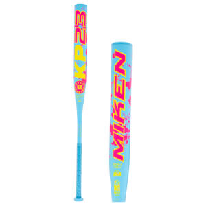 Front view of a blue Miken bat with neon pink "KP23" and "MIKEN" text, showing the handle and barrel.