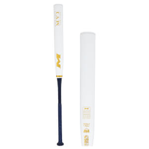Front view of a white Miken MV1 slow pitch softball bat with gold lettering and a dark blue grip.