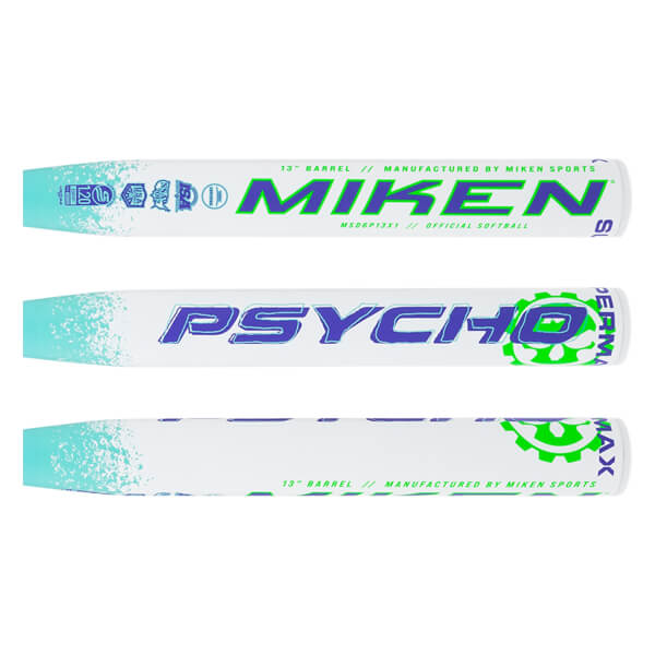 Three white softball bat barrel sections with green MIKEN, purple PSYCHO text, teal splatter, and green gear graphic.
