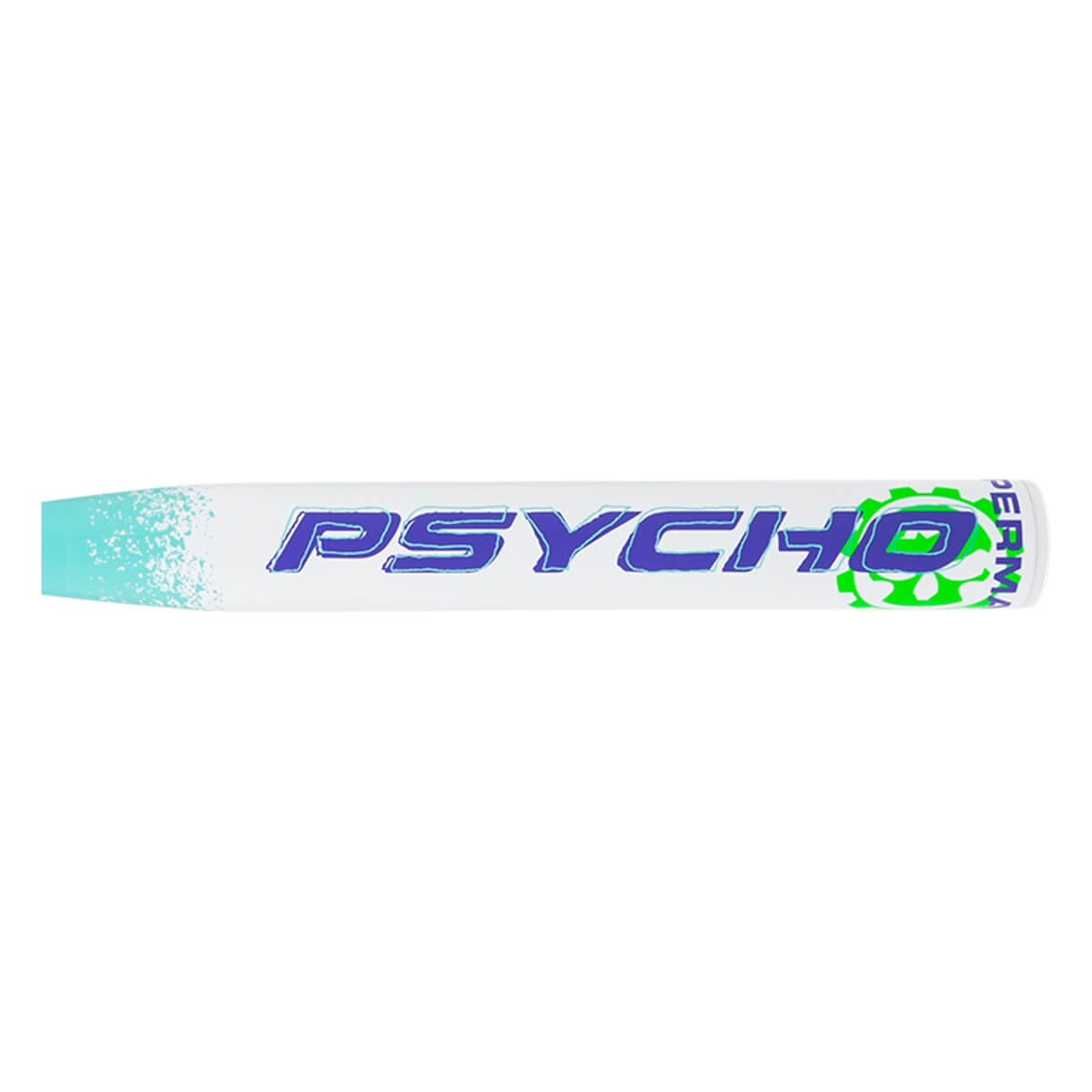 Close-up of a white softball bat barrel featuring blue PSYCHO text, a green gear graphic, and a teal splatter pattern.