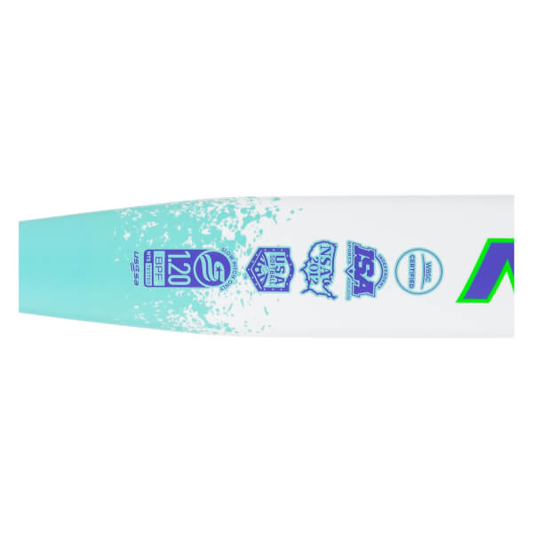 Close-up of a white softball bat barrel with a light blue splash design, multiple certification stamps, and a green M logo.