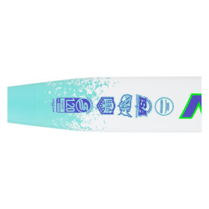 Close-up of a white softball bat barrel with a light blue splash design, multiple certification stamps, and a green M logo.