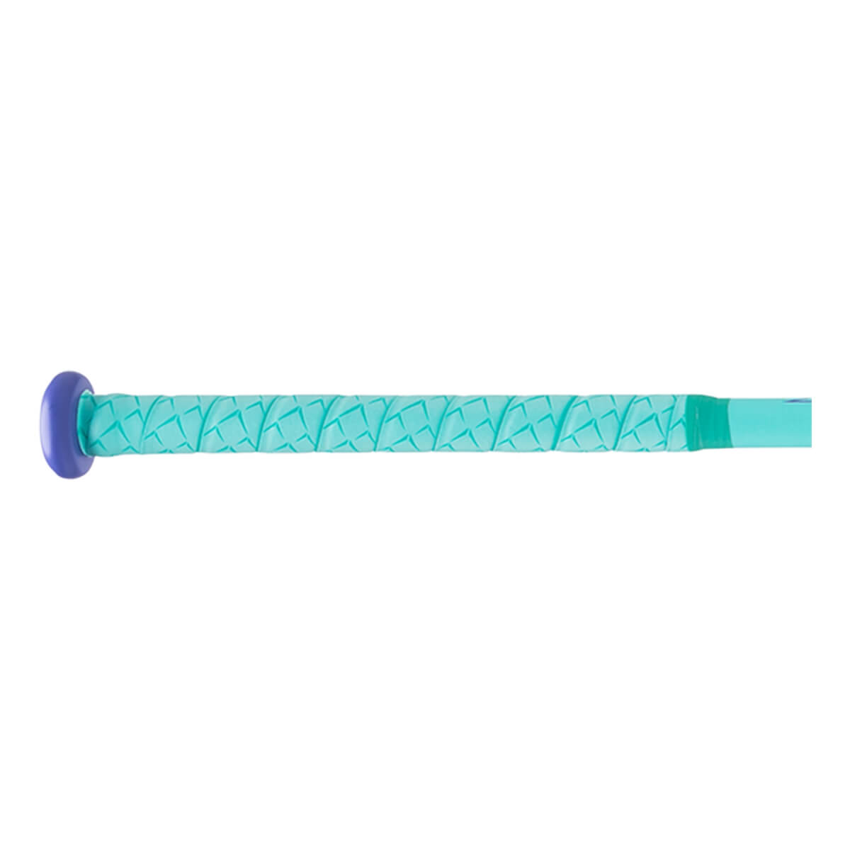 Side view of a turquoise softball bat handle with a textured diamond grip, purple knob, and dark green tape.