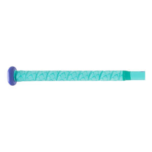 Side view of a turquoise softball bat handle with a textured diamond grip, purple knob, and dark green tape.