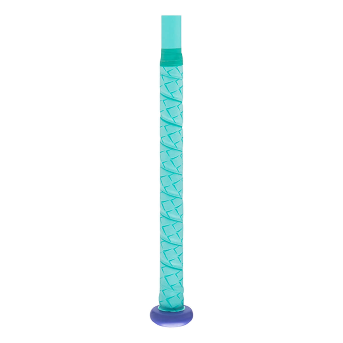 Full handle view of a teal softball bat handle with a diamond-textured grip and a purple knob.