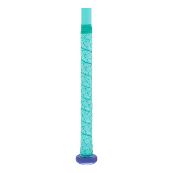 Full handle view of a teal softball bat handle with a diamond-textured grip and a purple knob.
