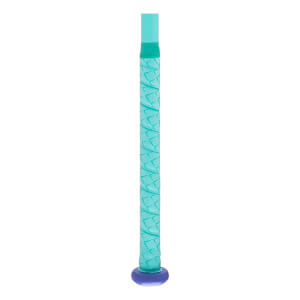 Full handle view of a teal softball bat handle with a diamond-textured grip and a purple knob.