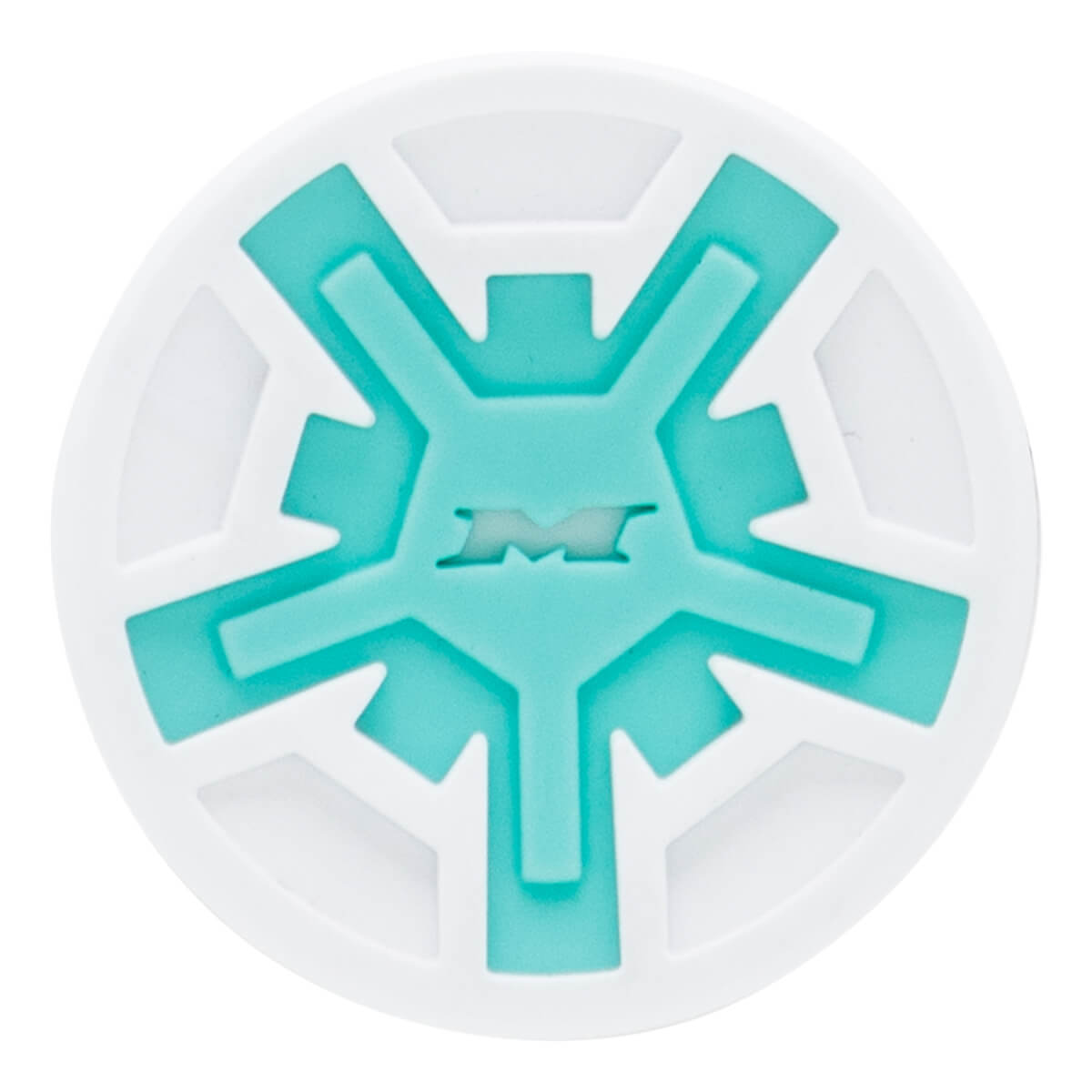 Top-down view of a white and teal bat end cap with a five-pointed star design and a central embossed M logo.