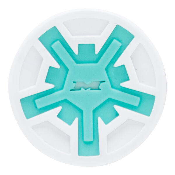 Top-down view of a white and teal bat end cap with a five-pointed star design and a central embossed M logo.