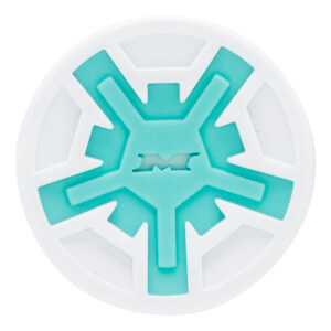 Top-down view of a white and teal bat end cap with a five-pointed star design and a central embossed M logo.