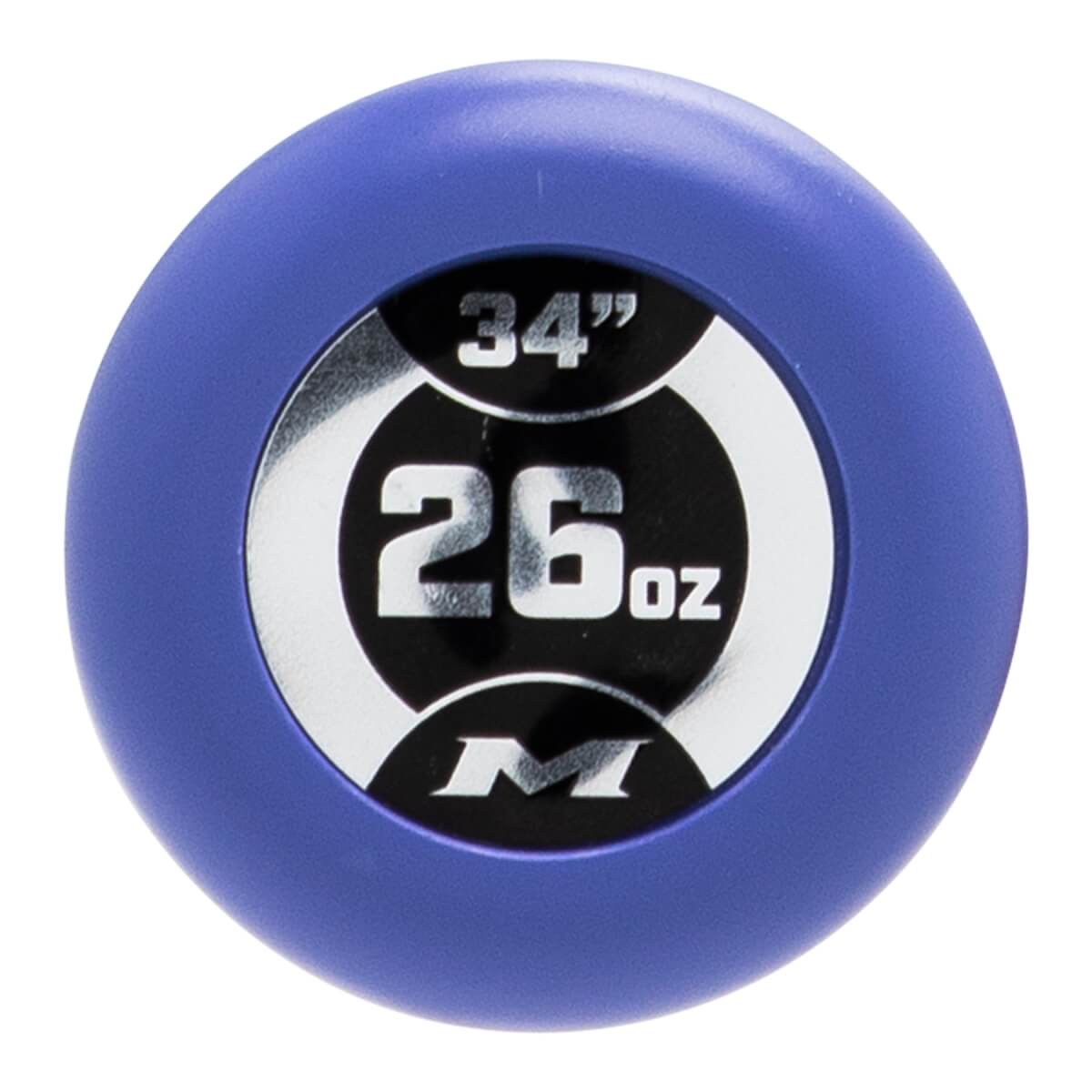 Top-down view of a purple bat end cap with a circular silver and black design displaying 34, 26oz, and an M logo.