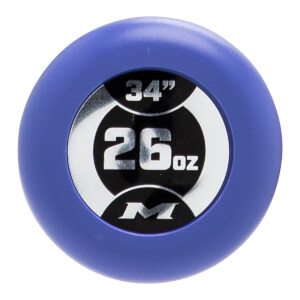 Top-down view of a purple bat end cap with a circular silver and black design displaying 34, 26oz, and an M logo.