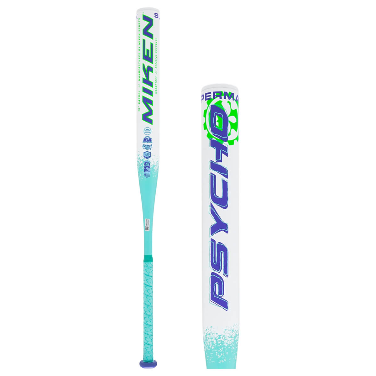 Composite view of a white and teal softball bat with green MIKEN text and purple PSYCHO barrel design.