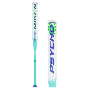 Composite view of a white and teal softball bat with green MIKEN text and purple PSYCHO barrel design.