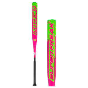 Front view of a pink and neon green Miken Super Freak softball bat with "MIKEN" and "SUPER FREAK" text.
