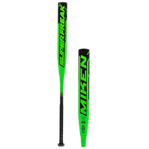 Front view of a neon green baseball bat with "SUPERFREAK" in black lettering and a black grip.