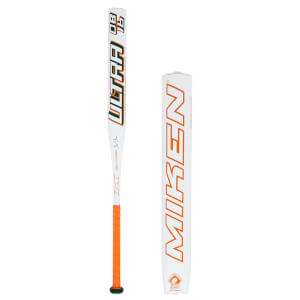 Front view of a white Miken Ultra softball bat with orange and green lettering, an orange grip, and "USA NTS Tested" logo.