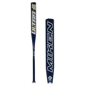 Side view of a navy baseball bat with yellow "ULTRA" and "JB 26" text, and a white "MIKEN" logo.