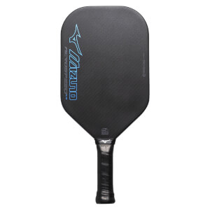 Front view of a black pickleball paddle with blue Mizuno branding and carbon fiber texture.
