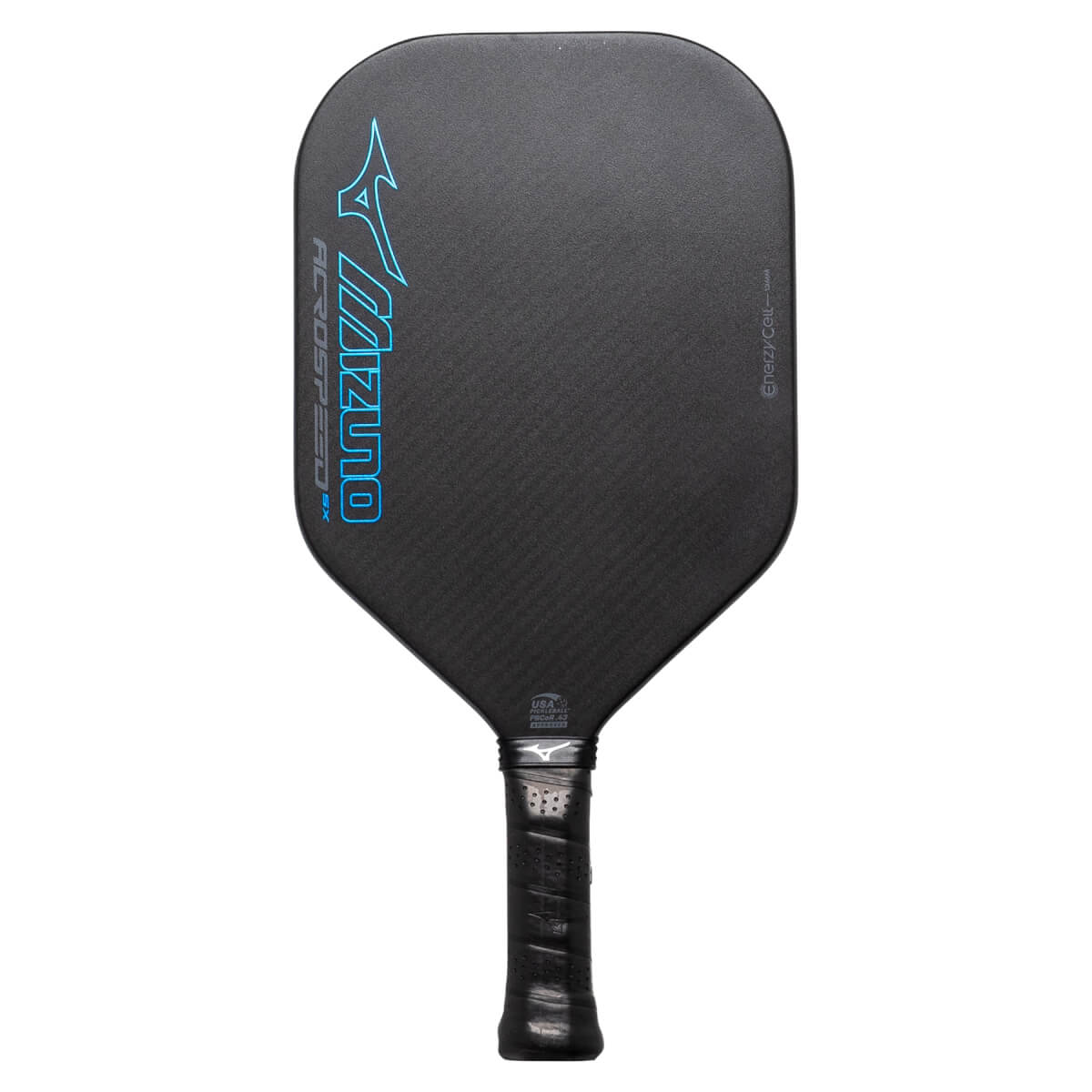 Front view of a black pickleball paddle with blue Mizuno branding and carbon fiber texture.