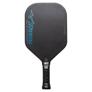 Front view of a black pickleball paddle with blue Mizuno branding and carbon fiber texture.
