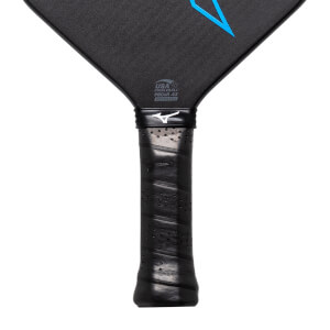 Close-up of a black pickleball paddle grip with perforations and a white Mizuno logo.