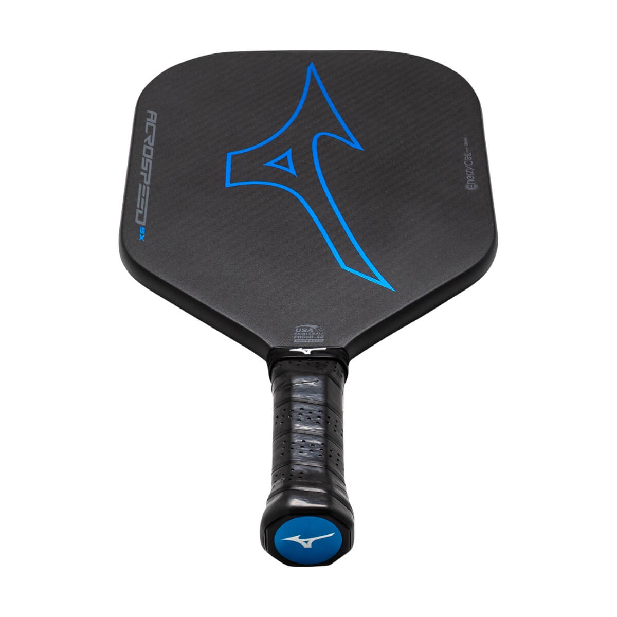 Front view of a black pickleball paddle with a carbon fiber surface, blue Mizuno logo, and ACROSPEED SX text.