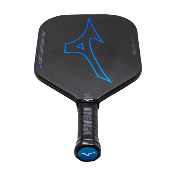 Front view of a black pickleball paddle with a carbon fiber surface, blue Mizuno logo, and ACROSPEED SX text.