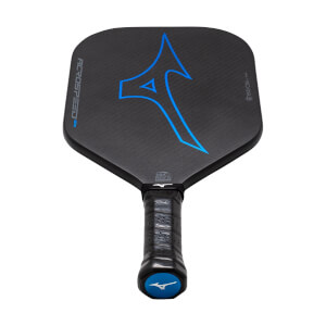 Front view of a black pickleball paddle with a carbon fiber surface, blue Mizuno logo, and ACROSPEED SX text.