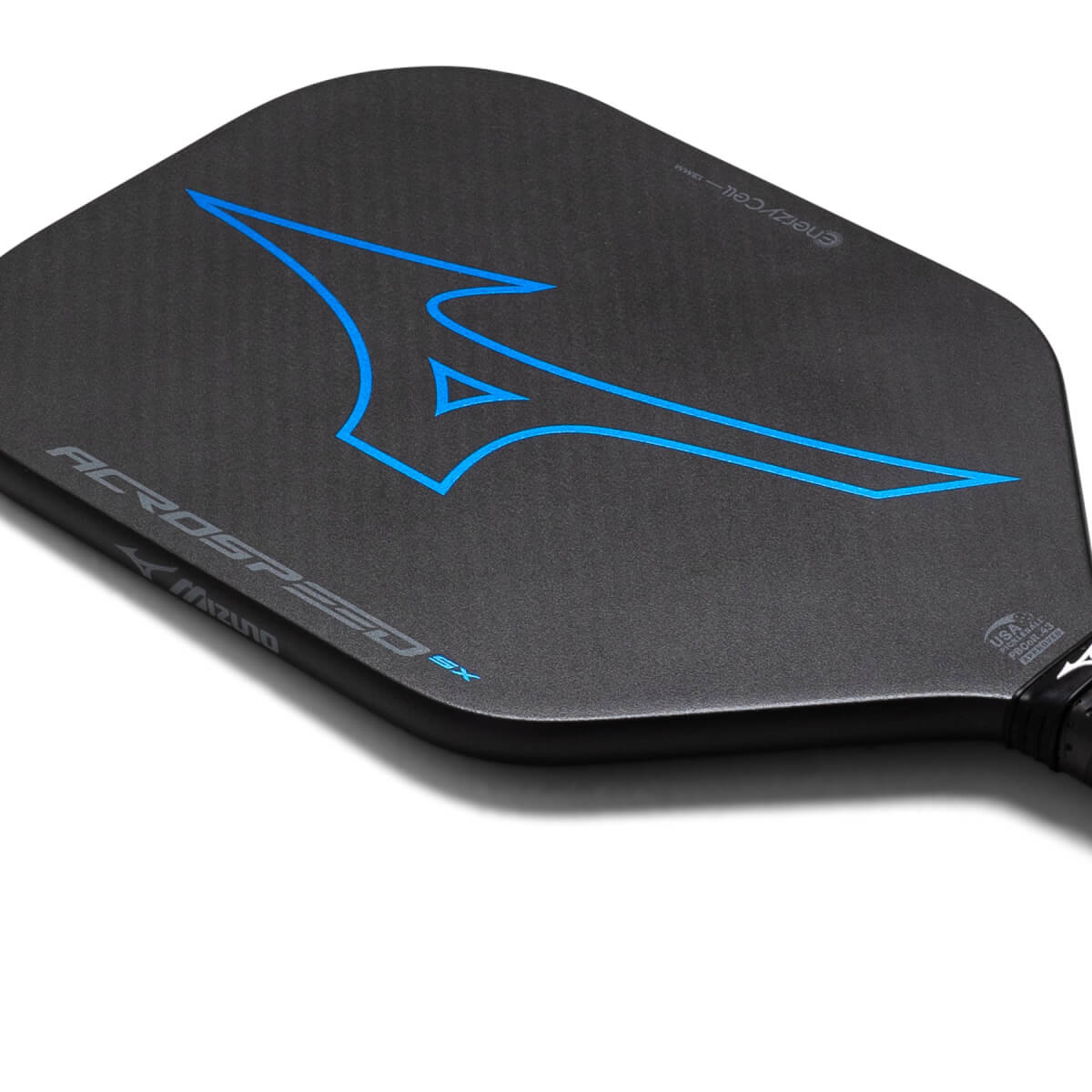 Corner view of a black pickleball paddle with blue Mizuno logo and ACROSPEED SX text.