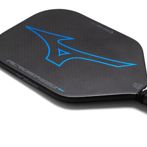 Corner view of a black pickleball paddle with blue Mizuno logo and ACROSPEED SX text.