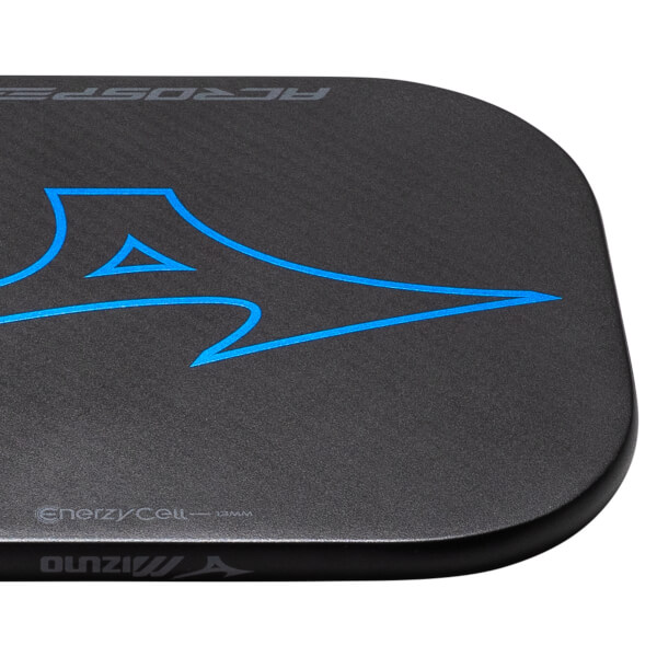 Corner view of a black pickleball paddle with blue Mizuno logo and EnerzyCell 13MM text.