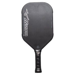 Front view of a black pickleball paddle with Mizuno Acrostrike LX branding and a carbon fiber texture.