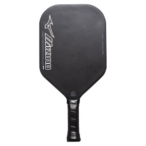 Front view of a black pickleball paddle with white Mizuno Acrostrike SX branding and a textured surface.