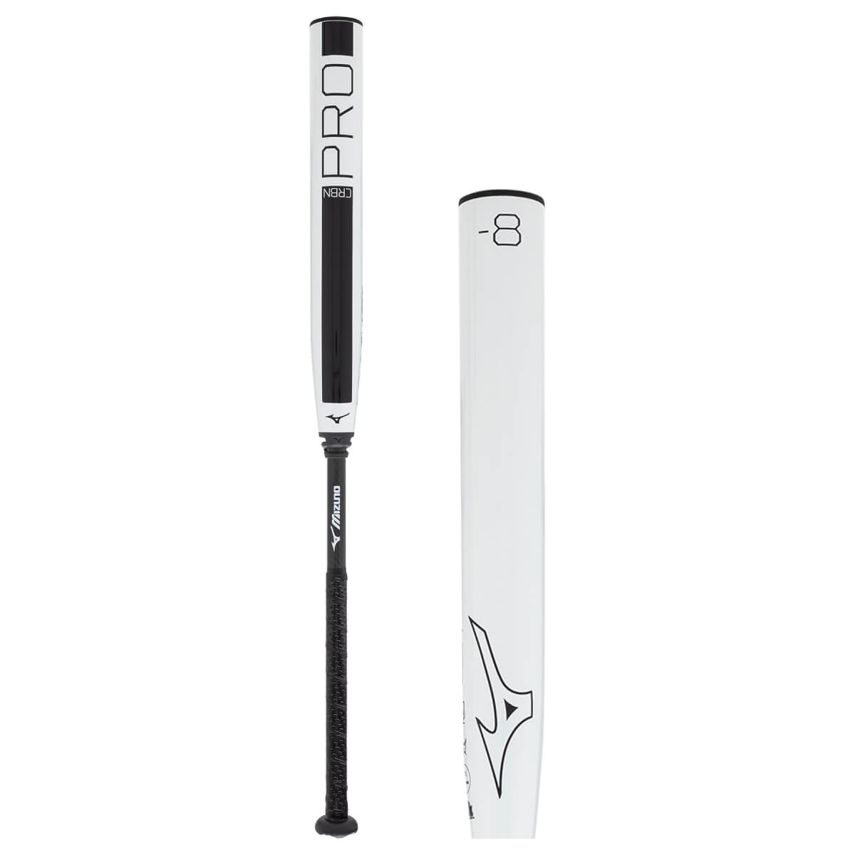Full view and detail of a white and black fastpitch softball bat with CRBN PRO text, black grip, and -8 marking.