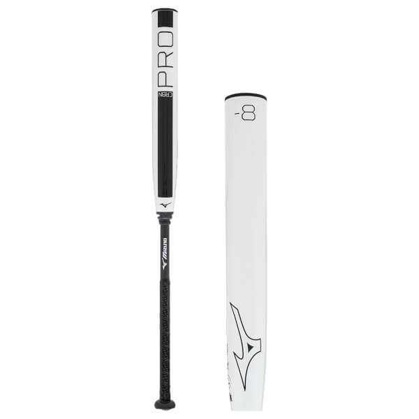 Full view and detail of a white and black fastpitch softball bat with CRBN PRO text, black grip, and -8 marking.