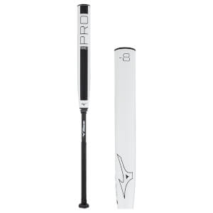Full view and detail of a white and black fastpitch softball bat with CRBN PRO text, black grip, and -8 marking.