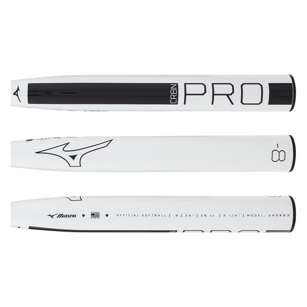 Multiple views of a white fastpitch softball bat with black CRBN PRO text, Mizuno logo, and specifications.