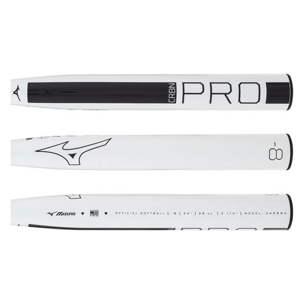 Multiple views of a white fastpitch softball bat with black CRBN PRO text, Mizuno logo, and specifications.
